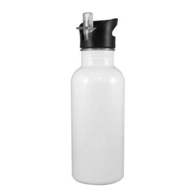Stainless Steel Water Bottle - 600ml - White w/Straw Top Thumbnail